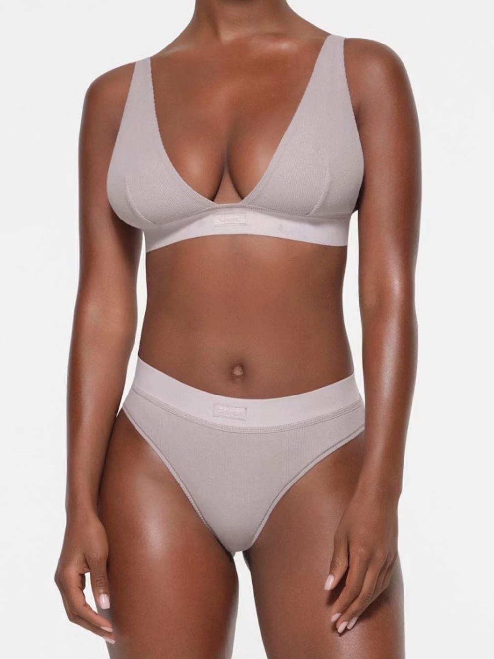 SKIMS Taupe Ribbed Wireless V-Neck Bralette and High-Cut Brief Set
